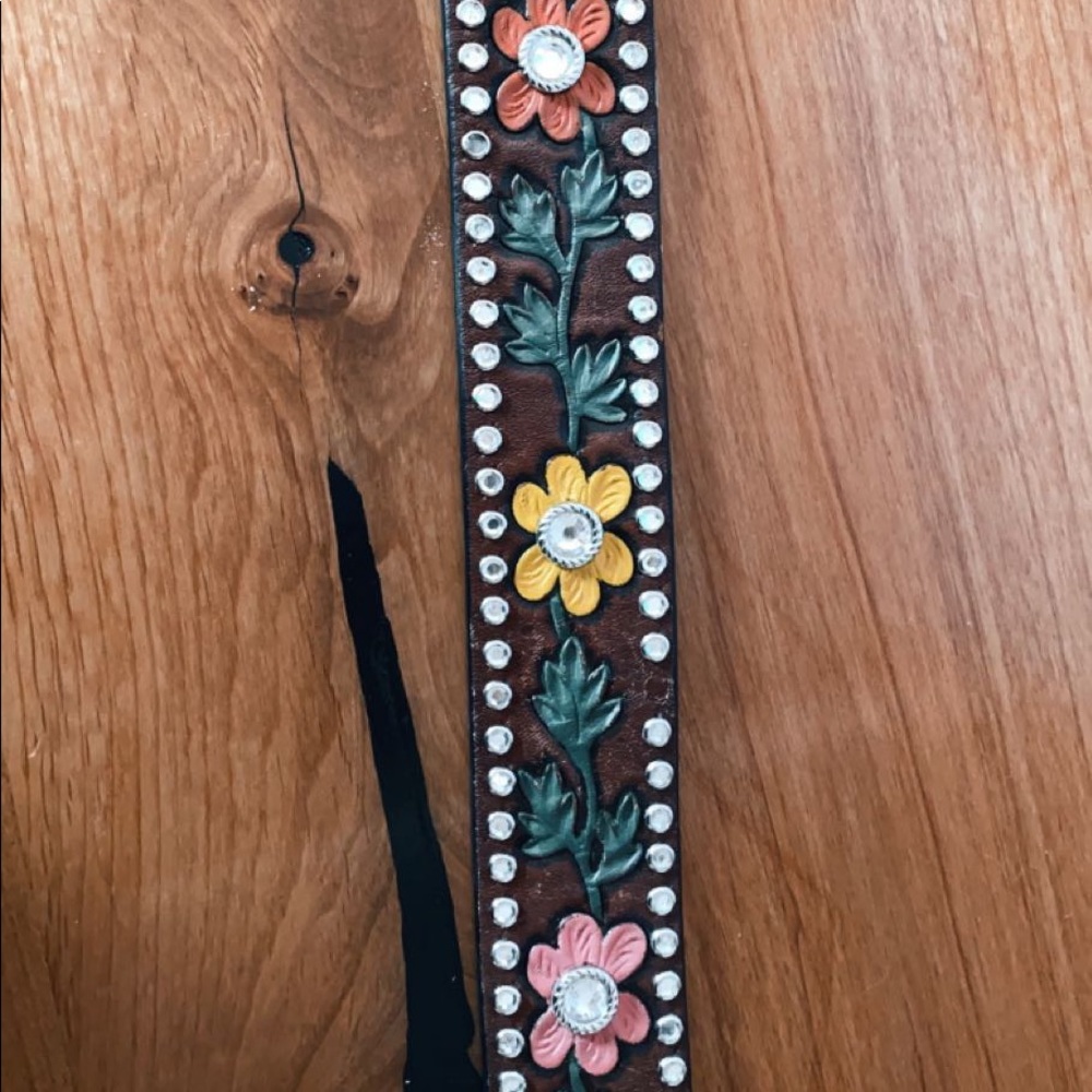 Hand Tooled Floral Western Rhinestone Belt - Picture 3 of 5
